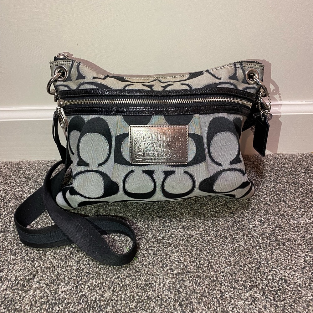 Coach 17047 Poppy Signature Sateen Lurex Hippie Moonlight Satchel Gray Pink